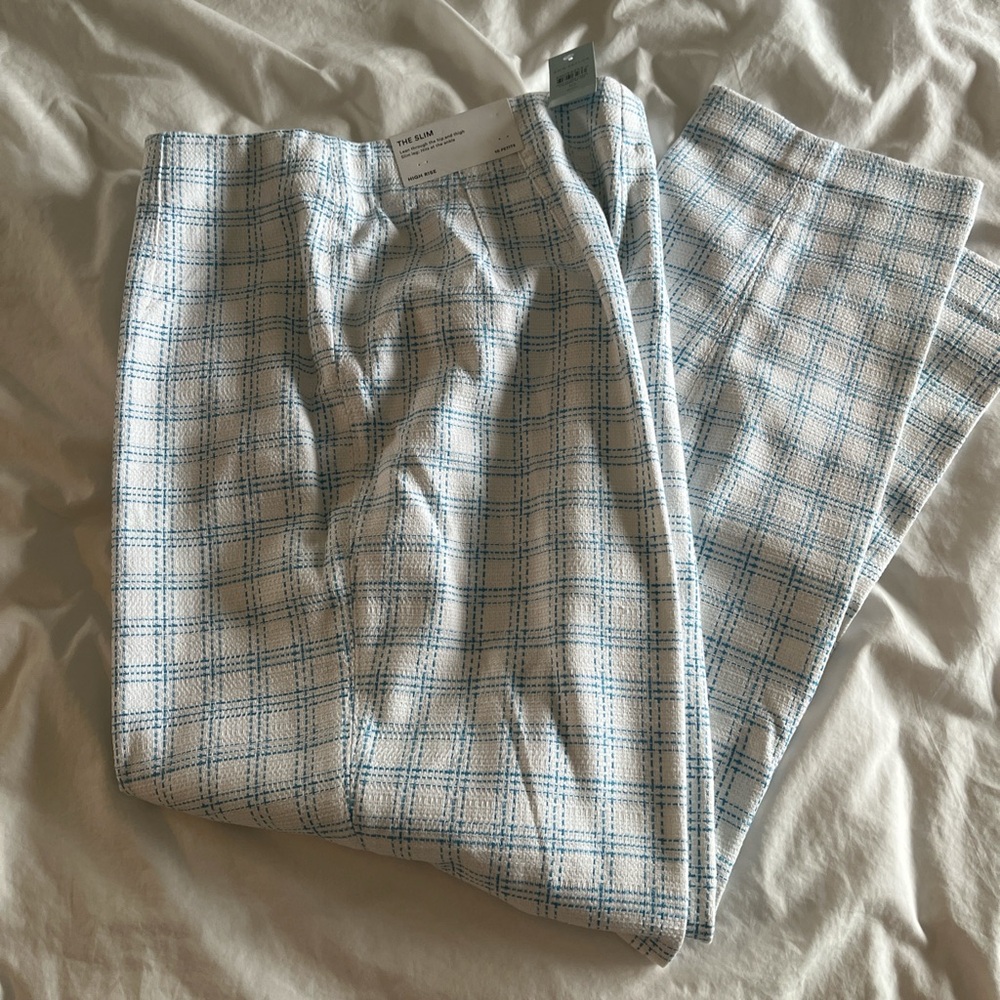 Ann Taylor Straight Leg Plaid Pants in White and Light Blue